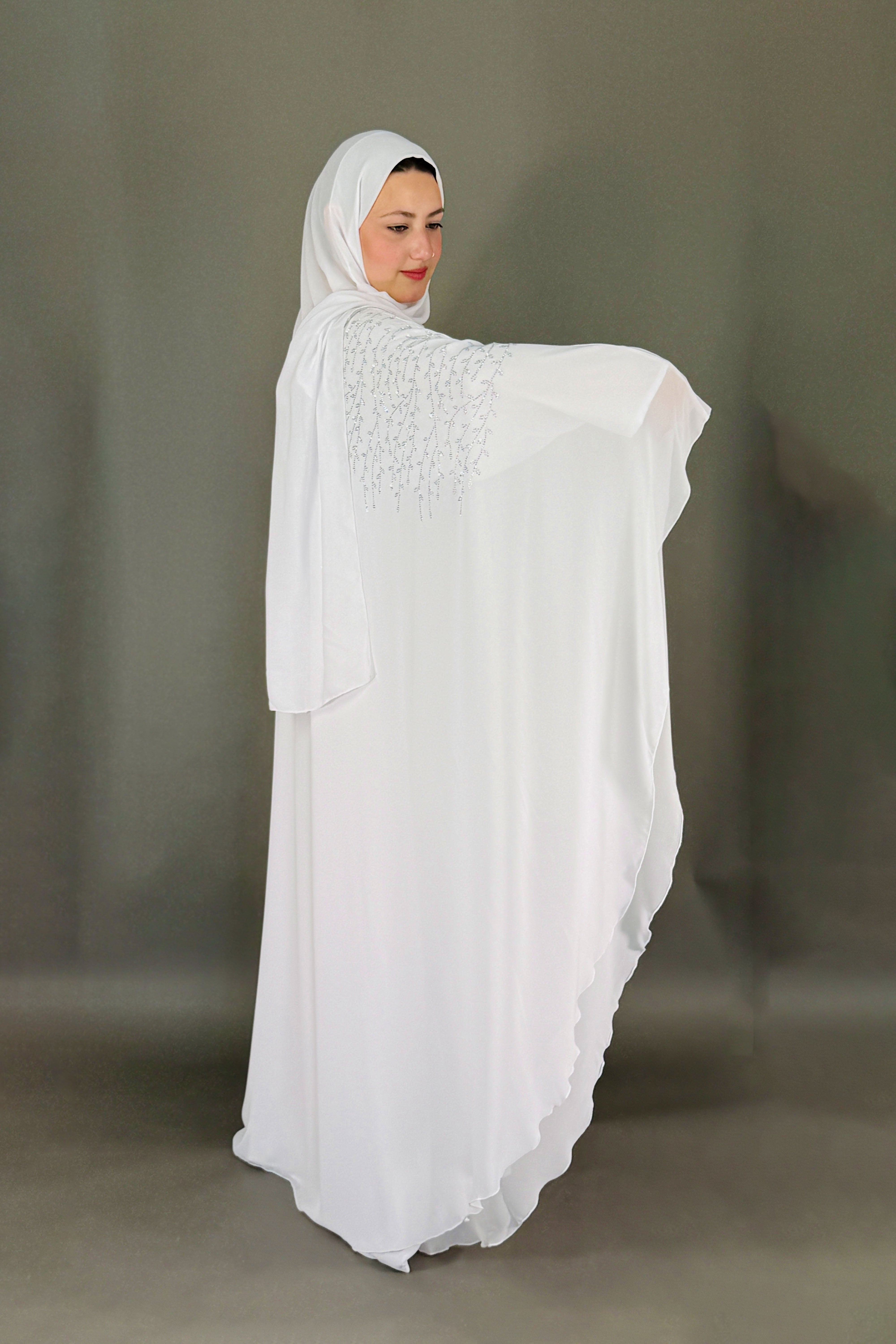Chiffon Elegant Farasha Abaya with Scarf – White