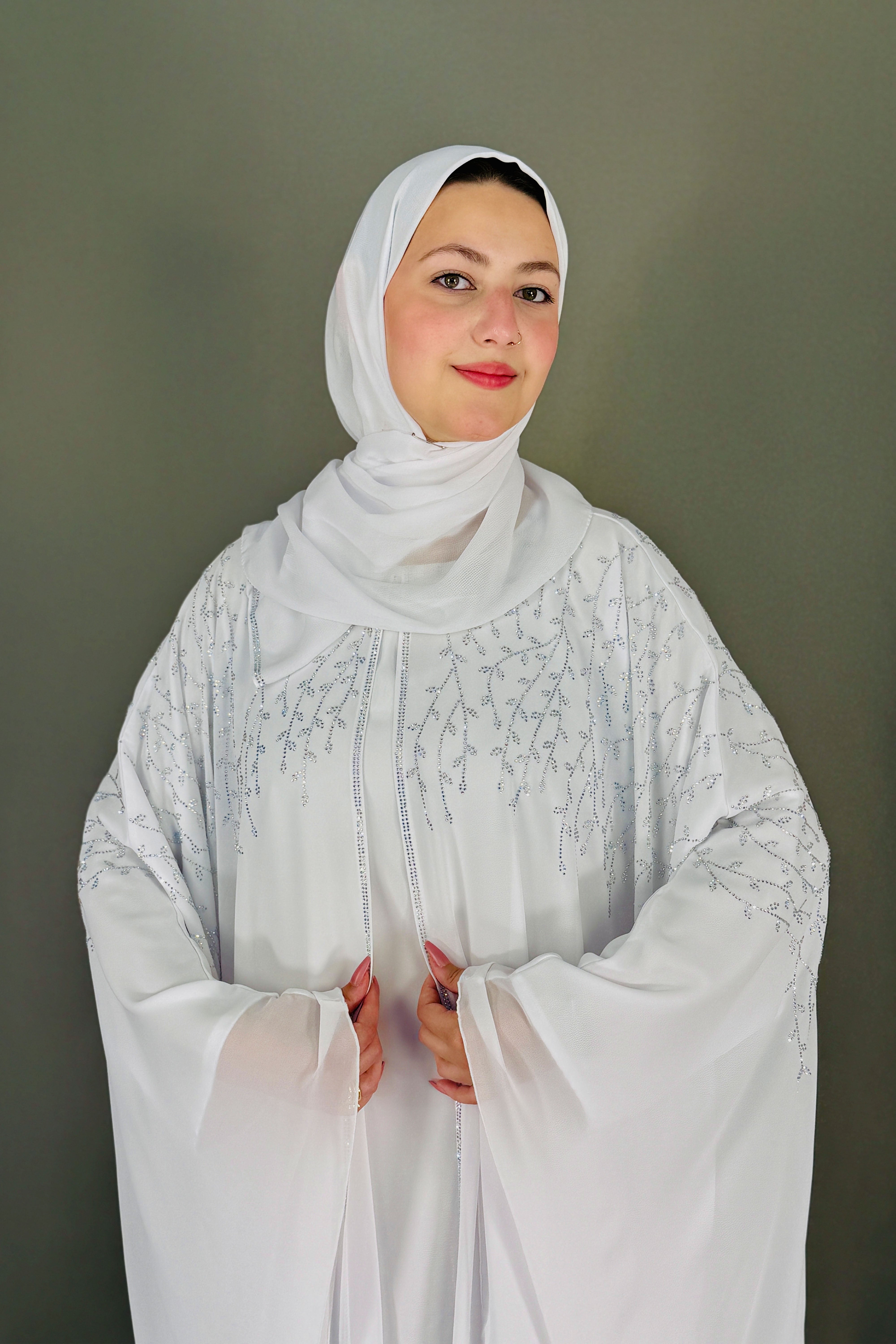Chiffon Elegant Farasha Abaya with Scarf – White