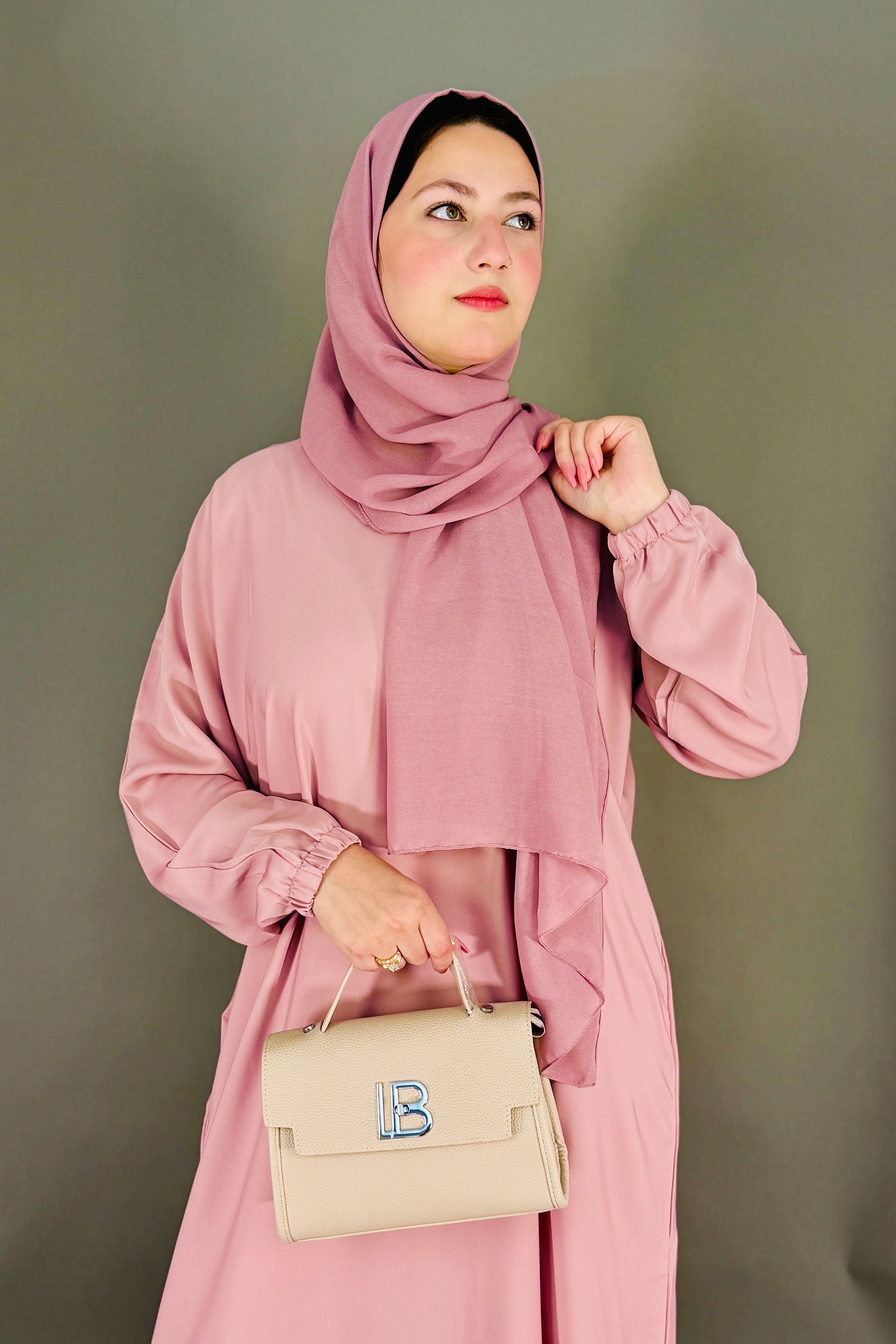 One Button Plain Abaya – Pink | Nida Fabric with Matching Scarf