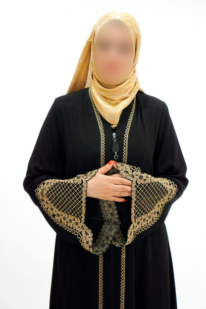 Turkish Zip Abaya Black with Golden Work