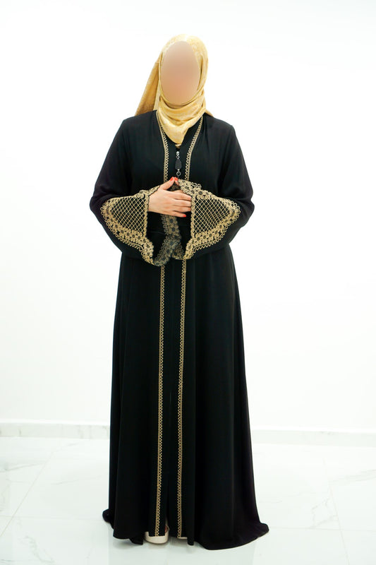 Turkish Zip Abaya Black with Golden Work