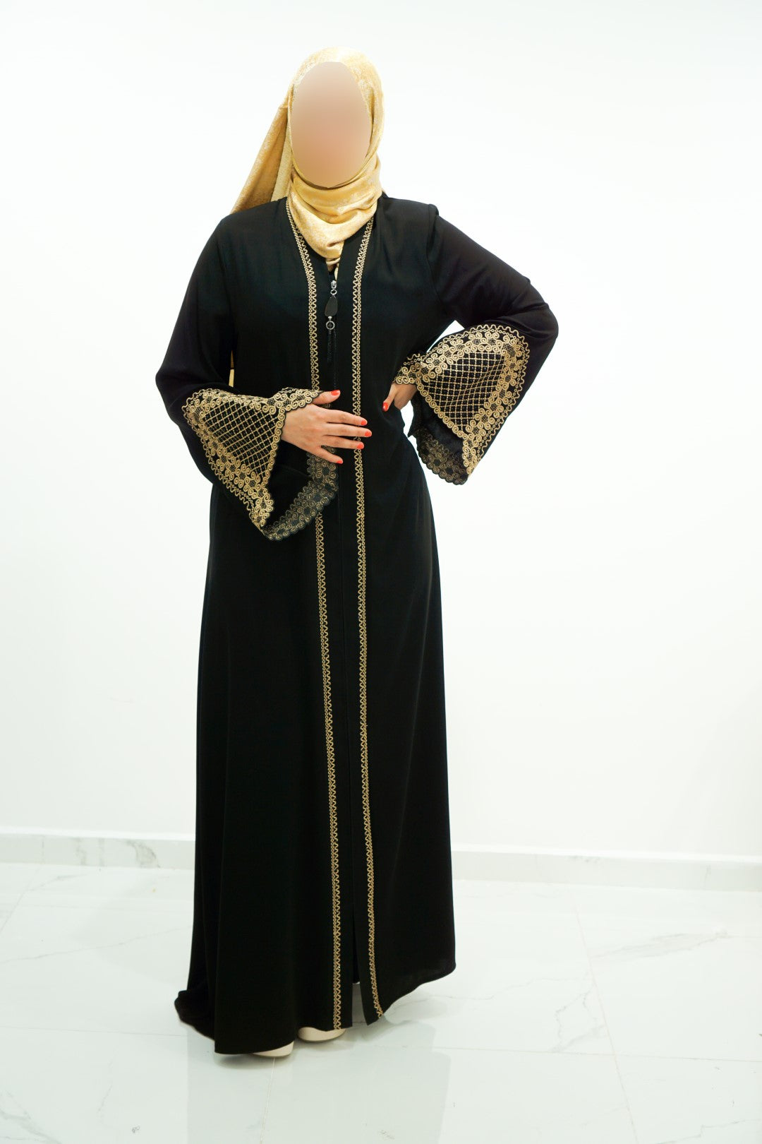 Turkish Zip Abaya Black with Golden Work