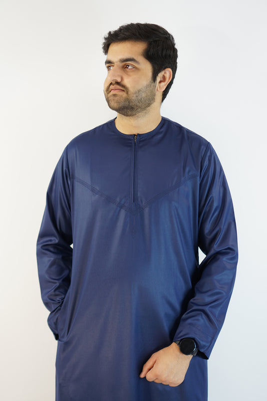 Shiny Blue Emirati Thobe with Zip and Collarless Design