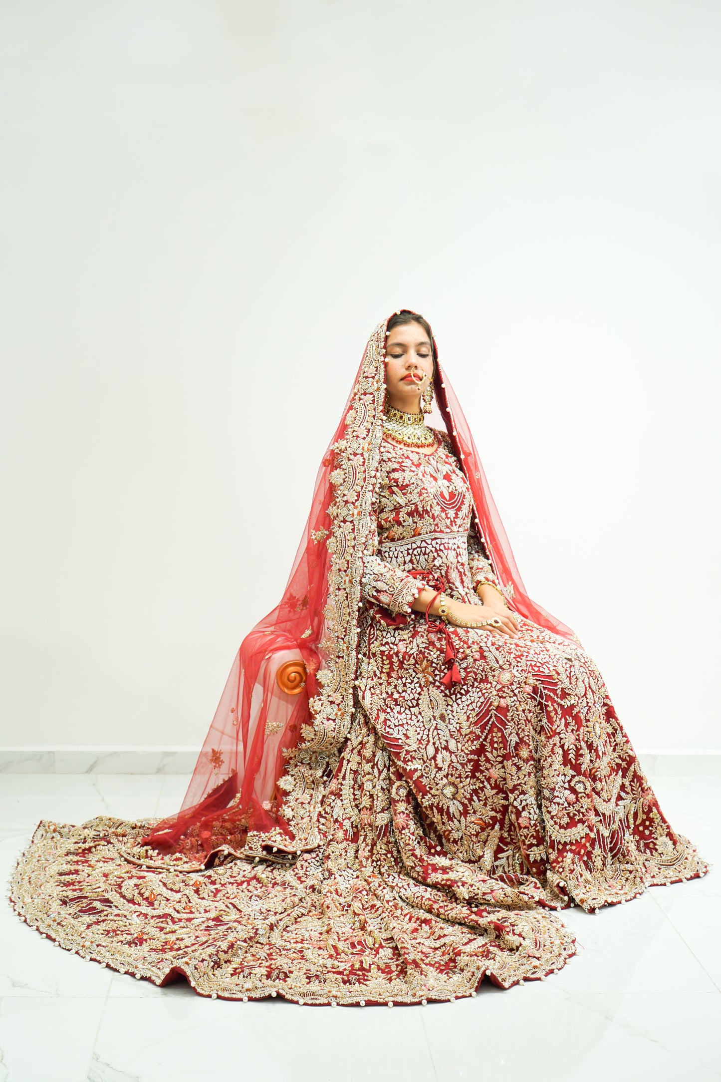 Red Traditional Bridal Gown with Long Trail