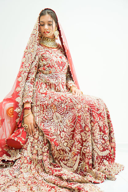 Red Traditional Bridal Gown with Long Trail