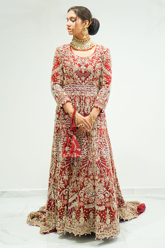 Red Traditional Bridal Gown with Long Trail