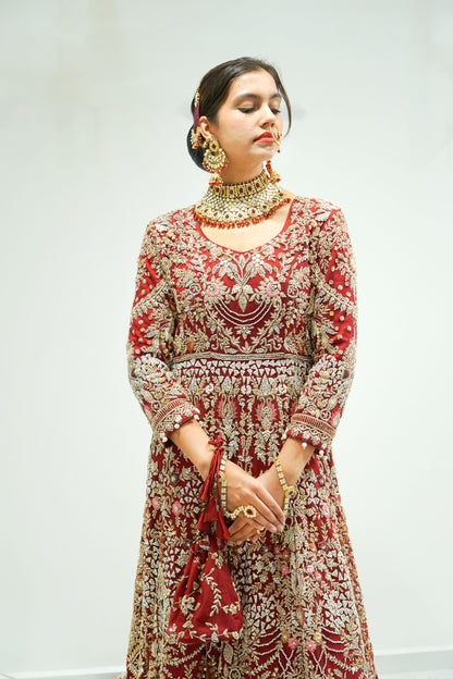 Red Traditional Bridal Gown with Long Trail