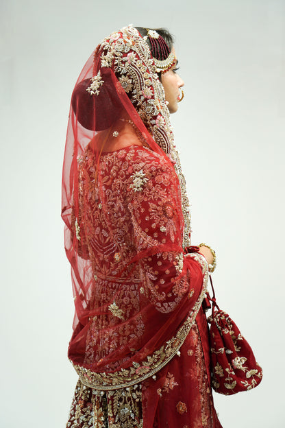 Red Traditional Bridal Gown with Long Trail