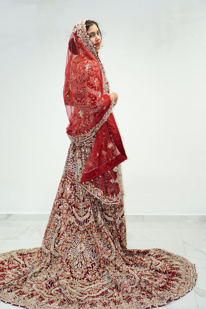 Red Traditional Bridal Gown with Long Trail