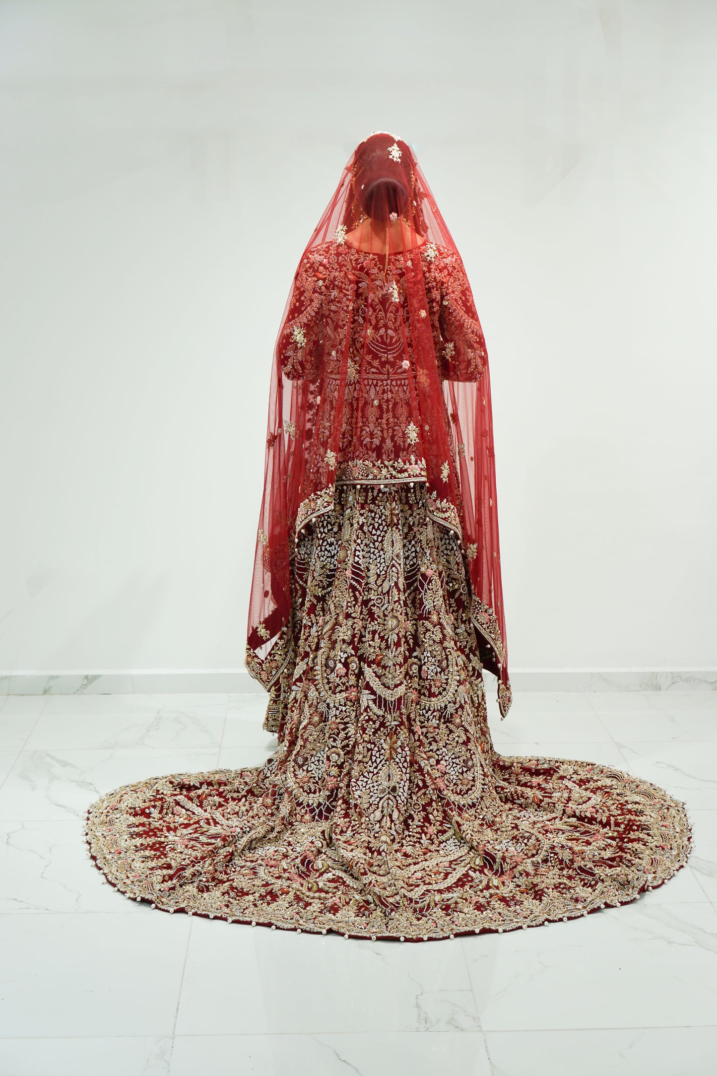 Red Traditional Bridal Gown with Long Trail