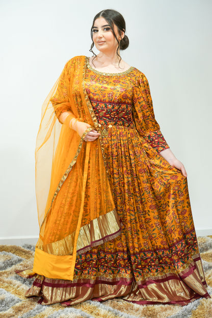 Mustard Printed Anarkali Long Dress with Stone Work, Leggings, and Dupatta Set