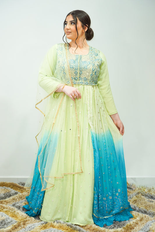 Double-Shaded Chiffon Long Dress with Net Dupatta, Embroidery, and Sequin Work