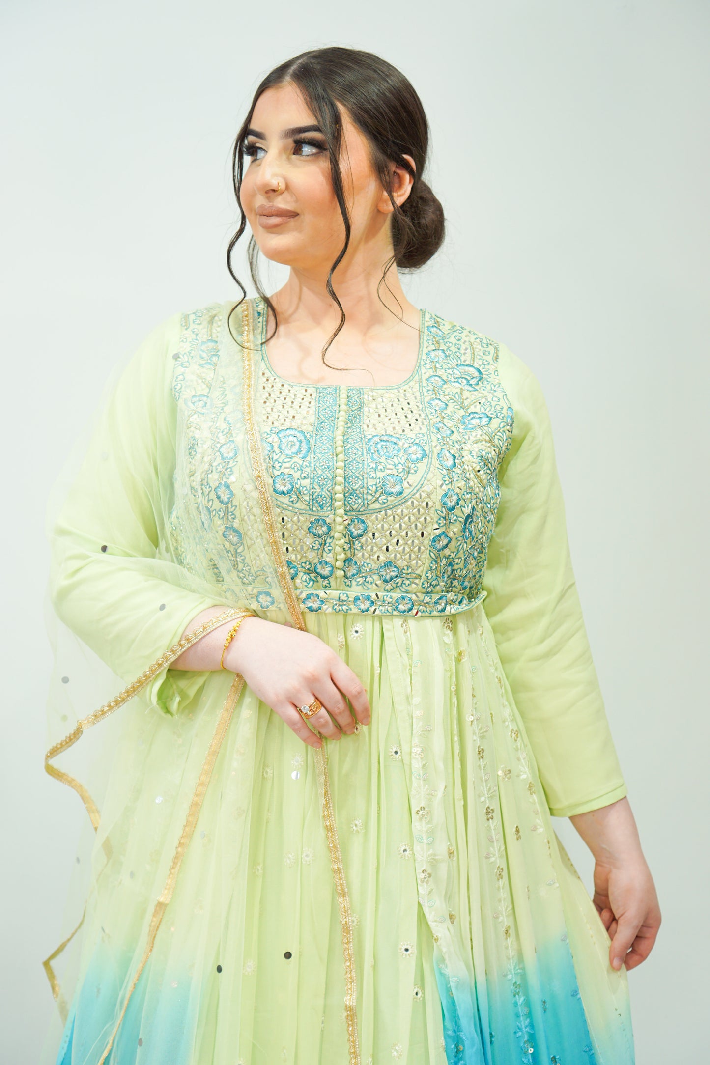 Double-Shaded Chiffon Long Dress with Net Dupatta, Embroidery, and Sequin Work