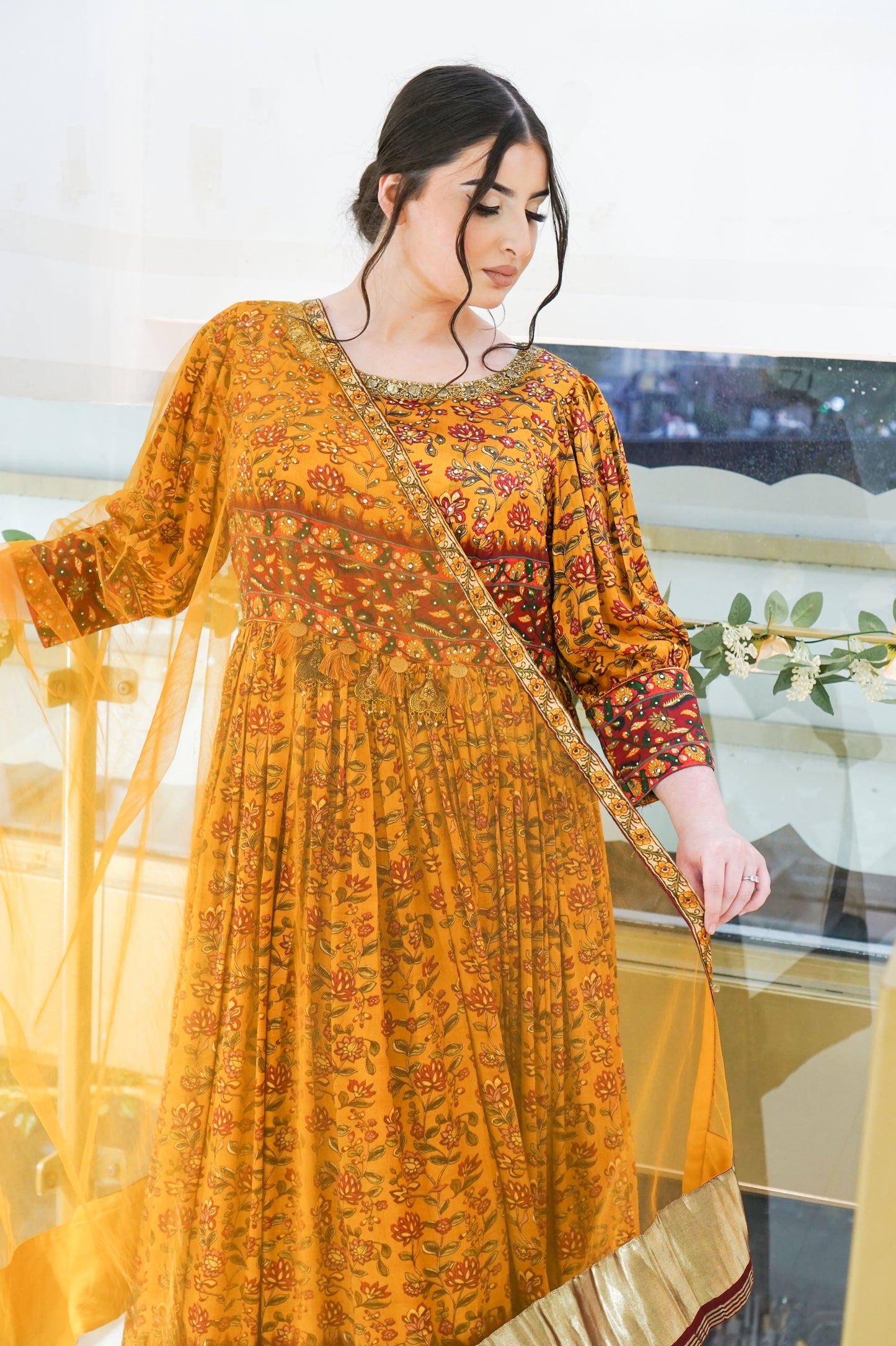 Mustard Printed Anarkali Long Dress with Stone Work, Leggings, and Dupatta Set