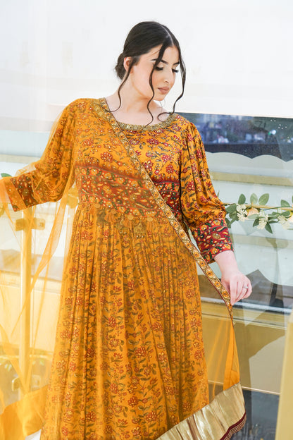 Mustard Printed Anarkali Long Dress with Stone Work, Leggings, and Dupatta Set