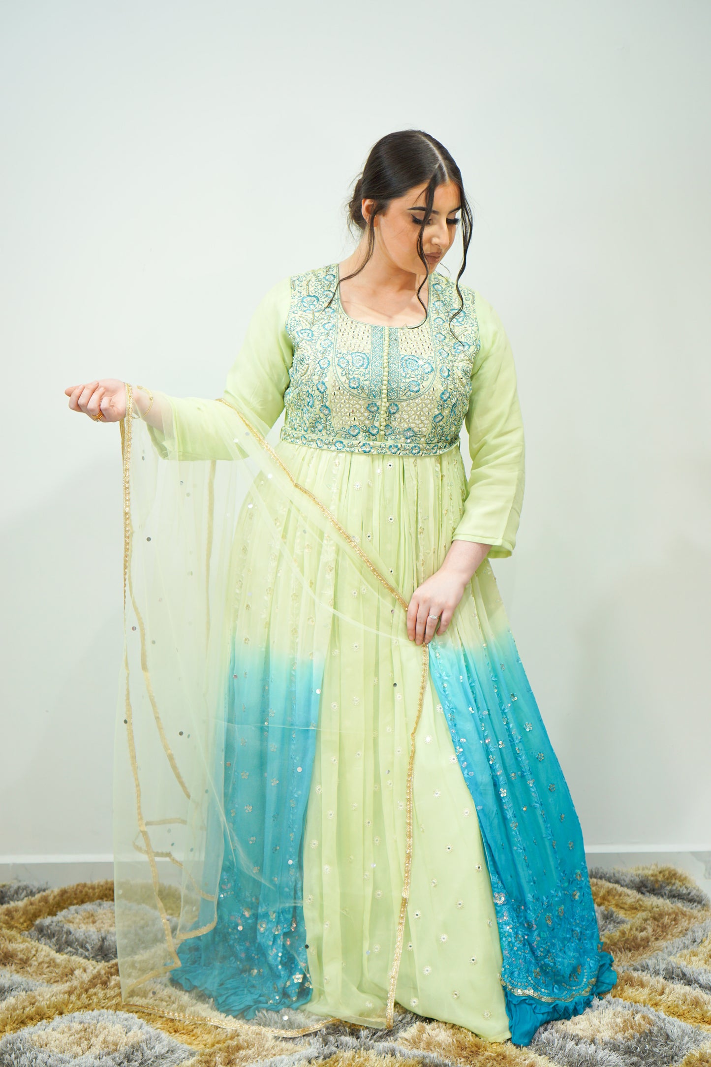 Double-Shaded Chiffon Long Dress with Net Dupatta, Embroidery, and Sequin Work