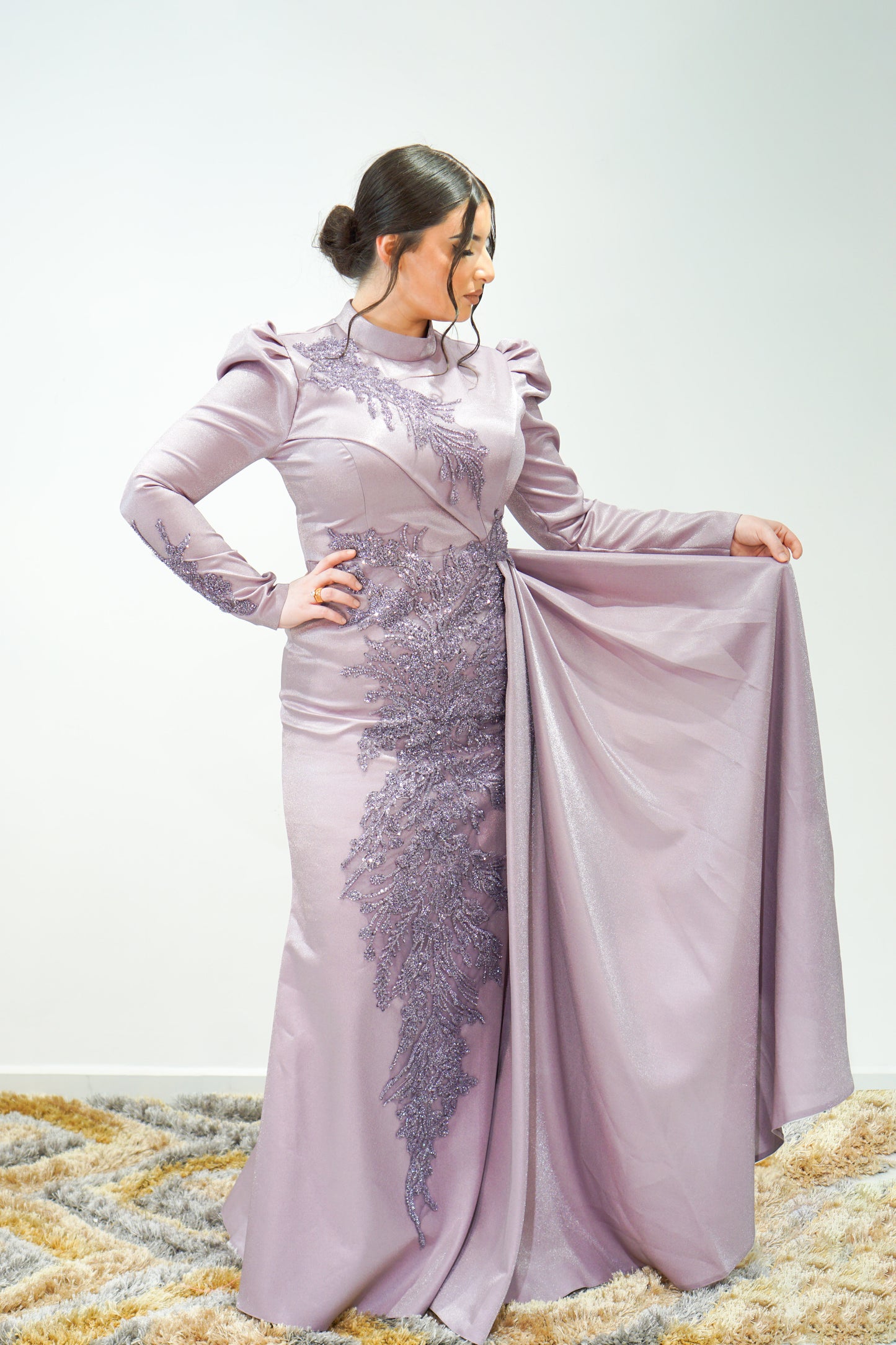 Lilac Organza Muslim Evening Dress, Long Dress with top to bottom work