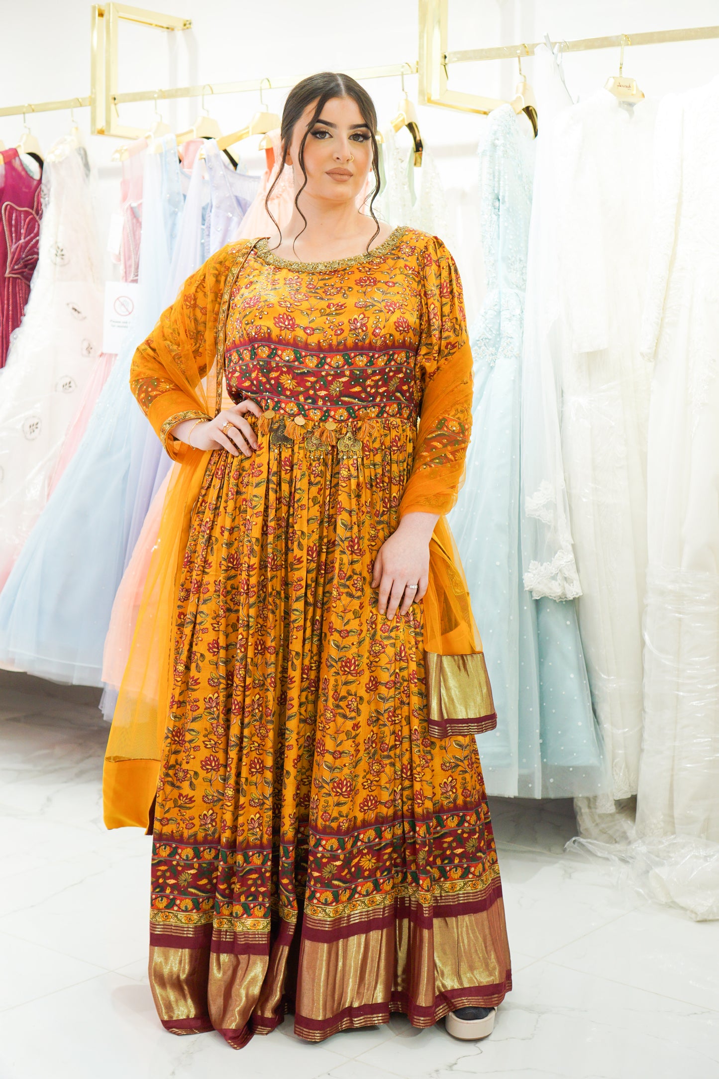 Mustard Printed Anarkali Long Dress with Stone Work, Leggings, and Dupatta Set