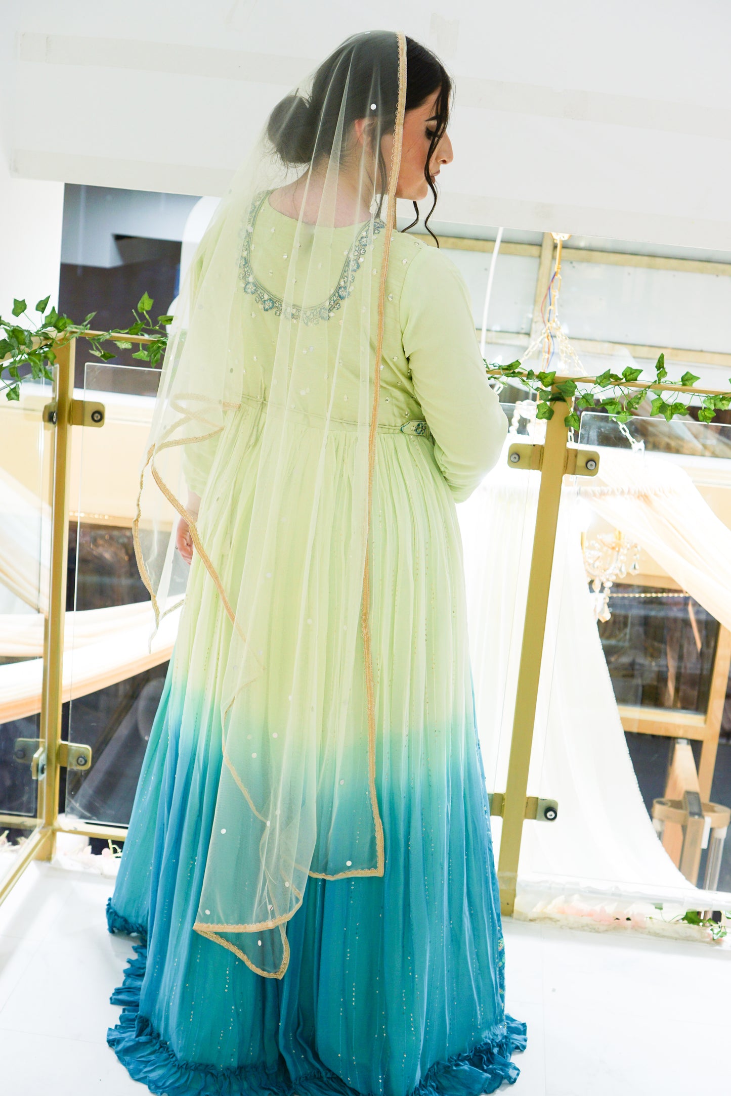 Double-Shaded Chiffon Long Dress with Net Dupatta, Embroidery, and Sequin Work