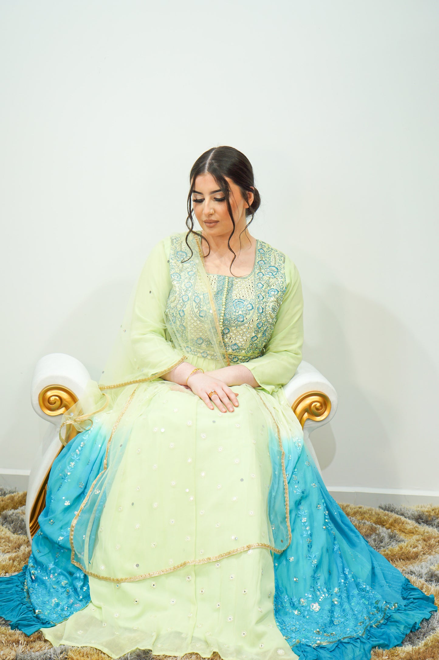 Double-Shaded Chiffon Long Dress with Net Dupatta, Embroidery, and Sequin Work