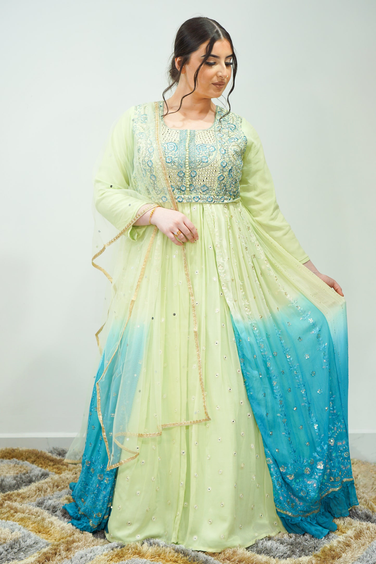 Double-Shaded Chiffon Long Dress with Net Dupatta, Embroidery, and Sequin Work