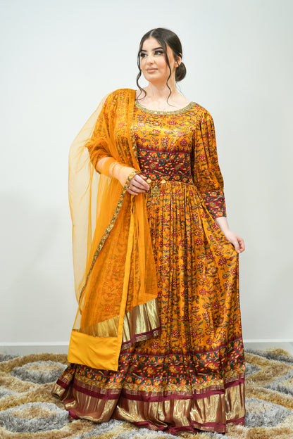 Mustard Printed Anarkali Long Dress with Stone Work, Leggings, and Dupatta Set