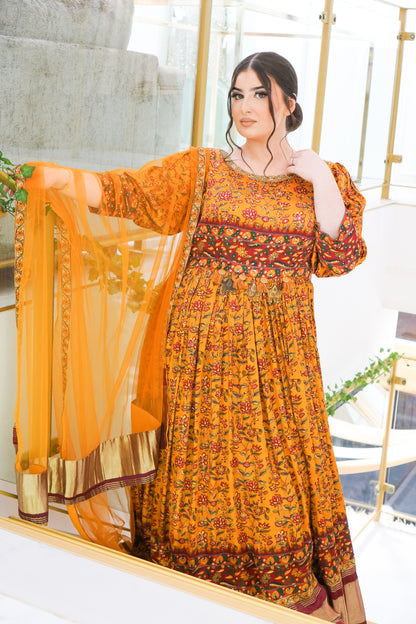 Mustard Printed Anarkali Long Dress with Stone Work, Leggings, and Dupatta Set