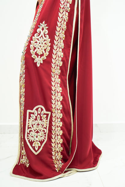 Maroon Two-Piece Moroccan Kaftan with Golden Embellishments