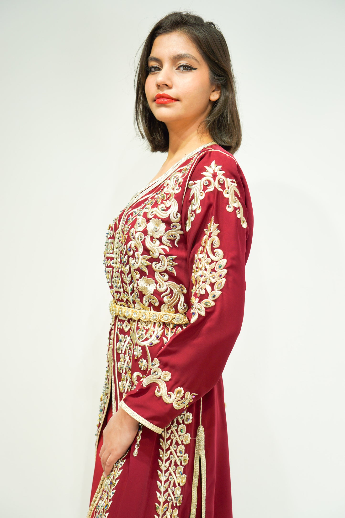 Maroon Two-Piece Moroccan Kaftan with Golden Embellishments