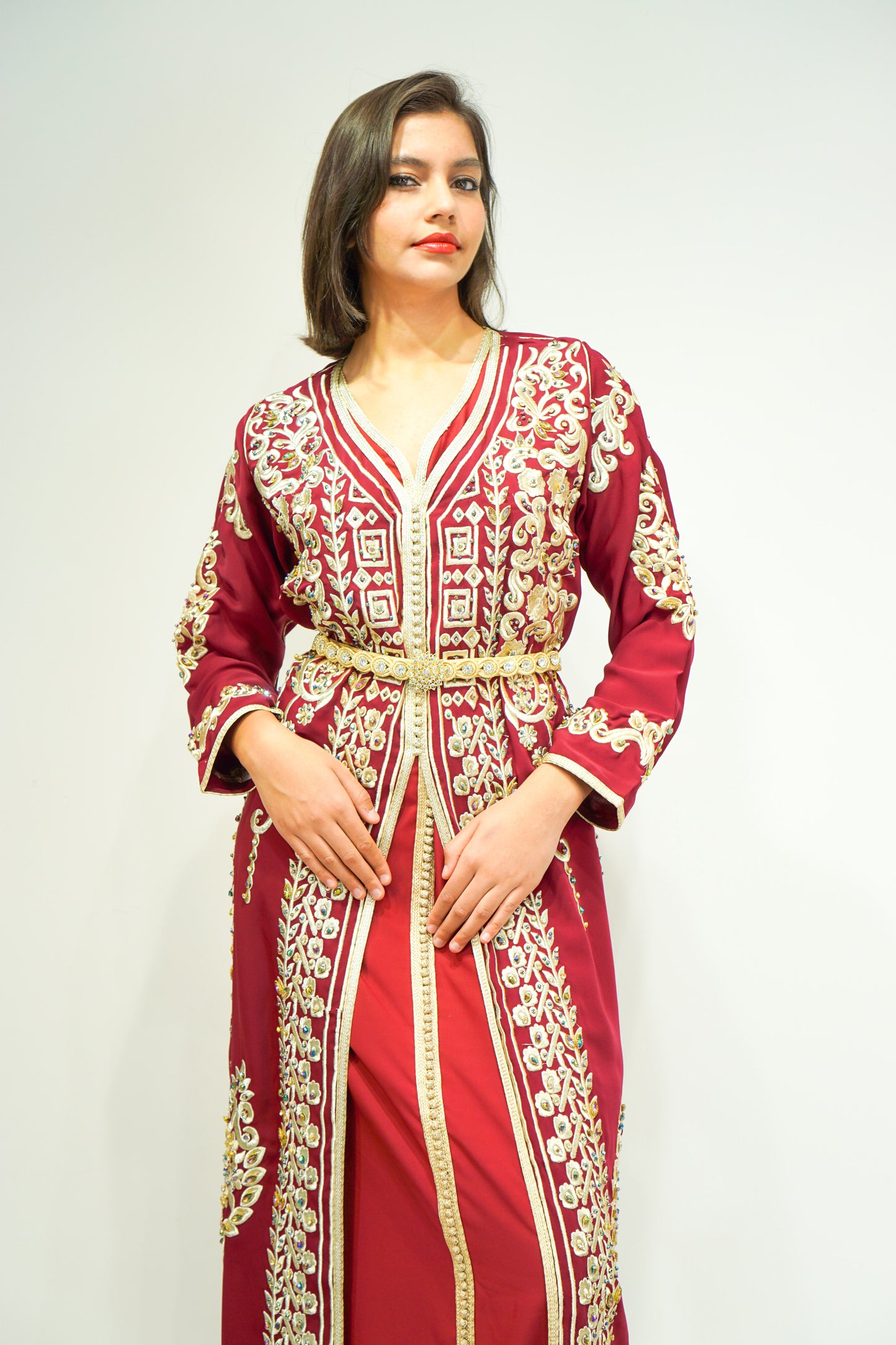 Maroon Two-Piece Moroccan Kaftan with Golden Embellishments