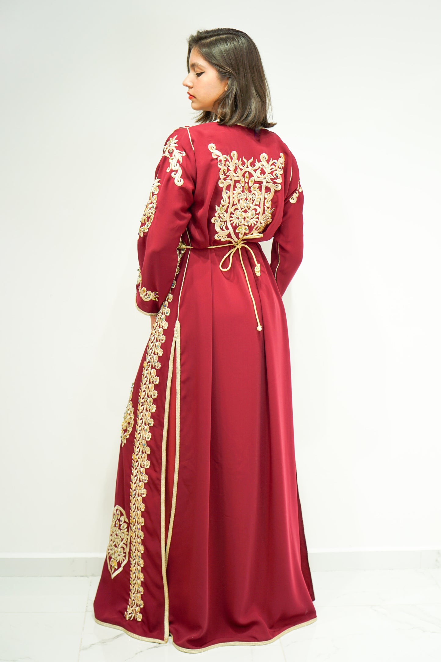 Maroon Two-Piece Moroccan Kaftan with Golden Embellishments