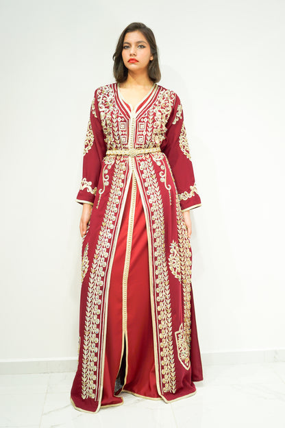 Maroon Two-Piece Moroccan Kaftan with Golden Embellishments