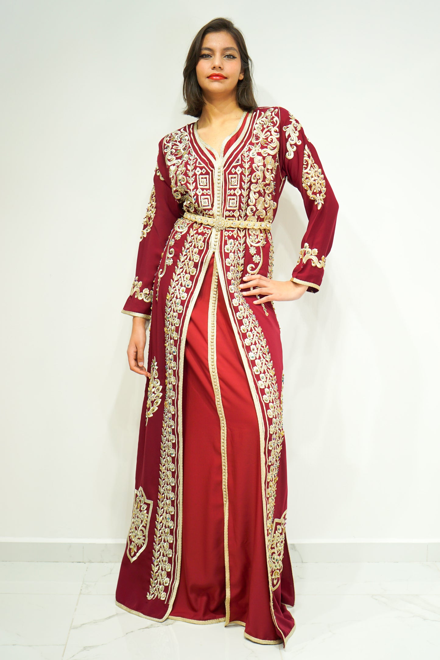 Maroon Two-Piece Moroccan Kaftan with Golden Embellishments