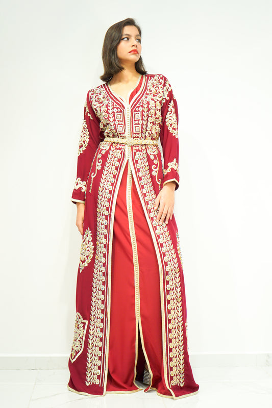 Maroon Two-Piece Moroccan Kaftan with Golden Embellishments