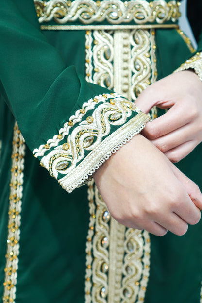 Royal Green Two-Piece Moroccan Kaftan with Golden Embellishments