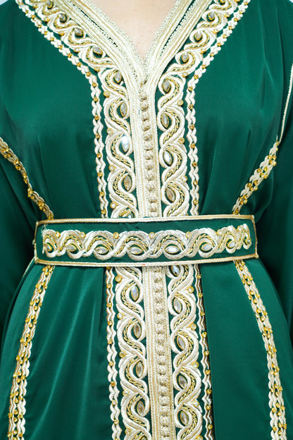 Royal Green Two-Piece Moroccan Kaftan with Golden Embellishments