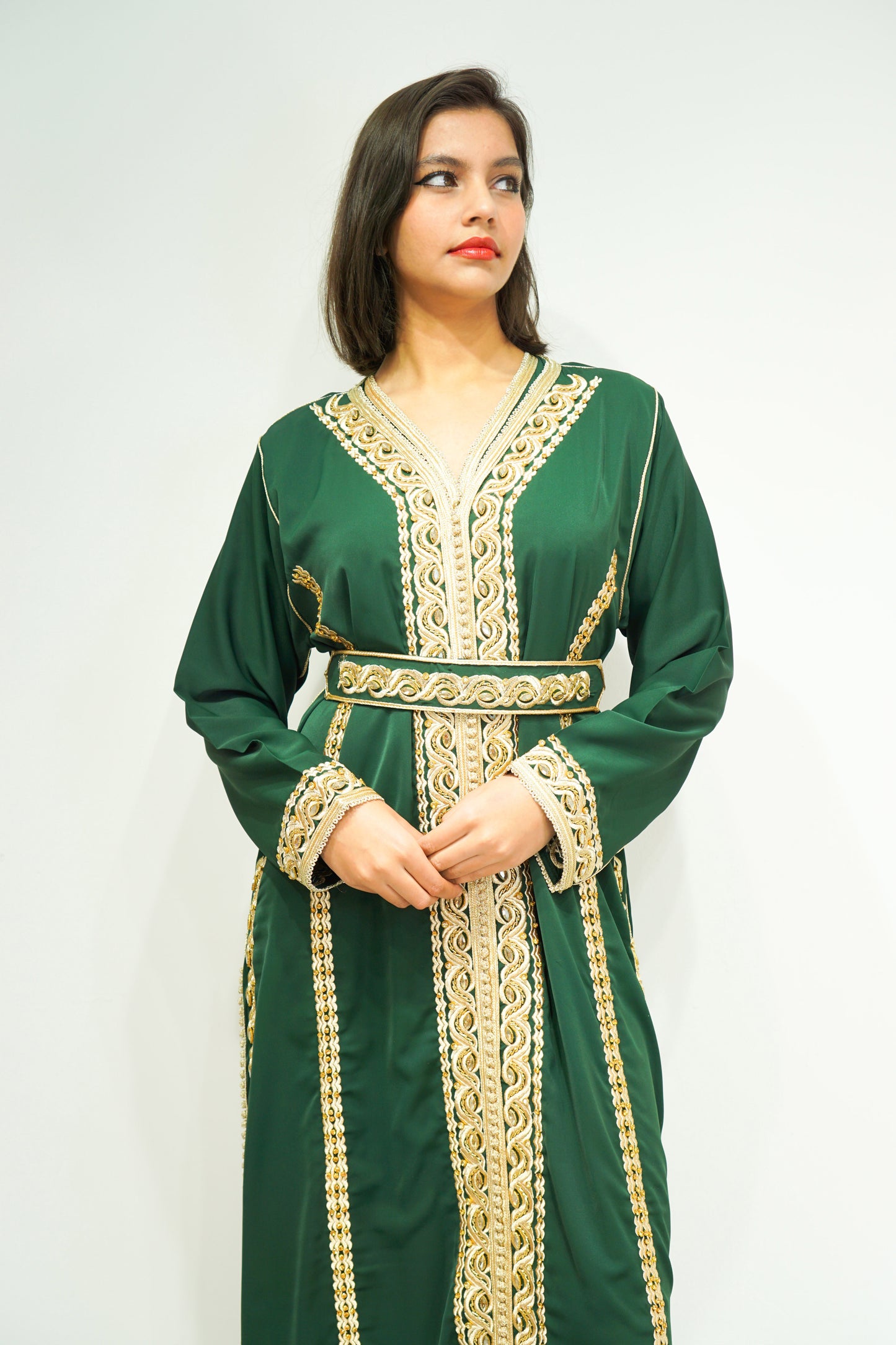 Royal Green Two-Piece Moroccan Kaftan with Golden Embellishments