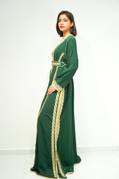 Royal Green Two-Piece Moroccan Kaftan with Golden Embellishments