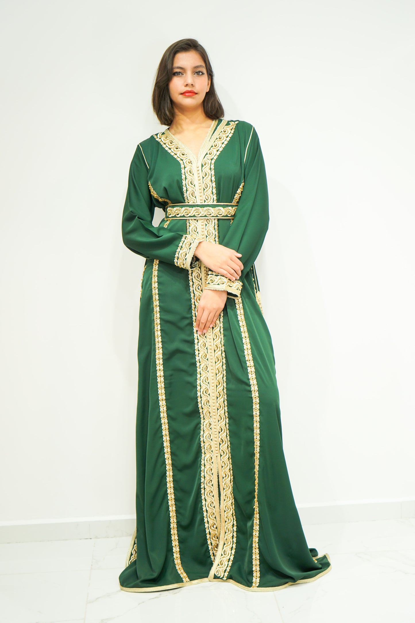 Royal Green Two-Piece Moroccan Kaftan with Golden Embellishments