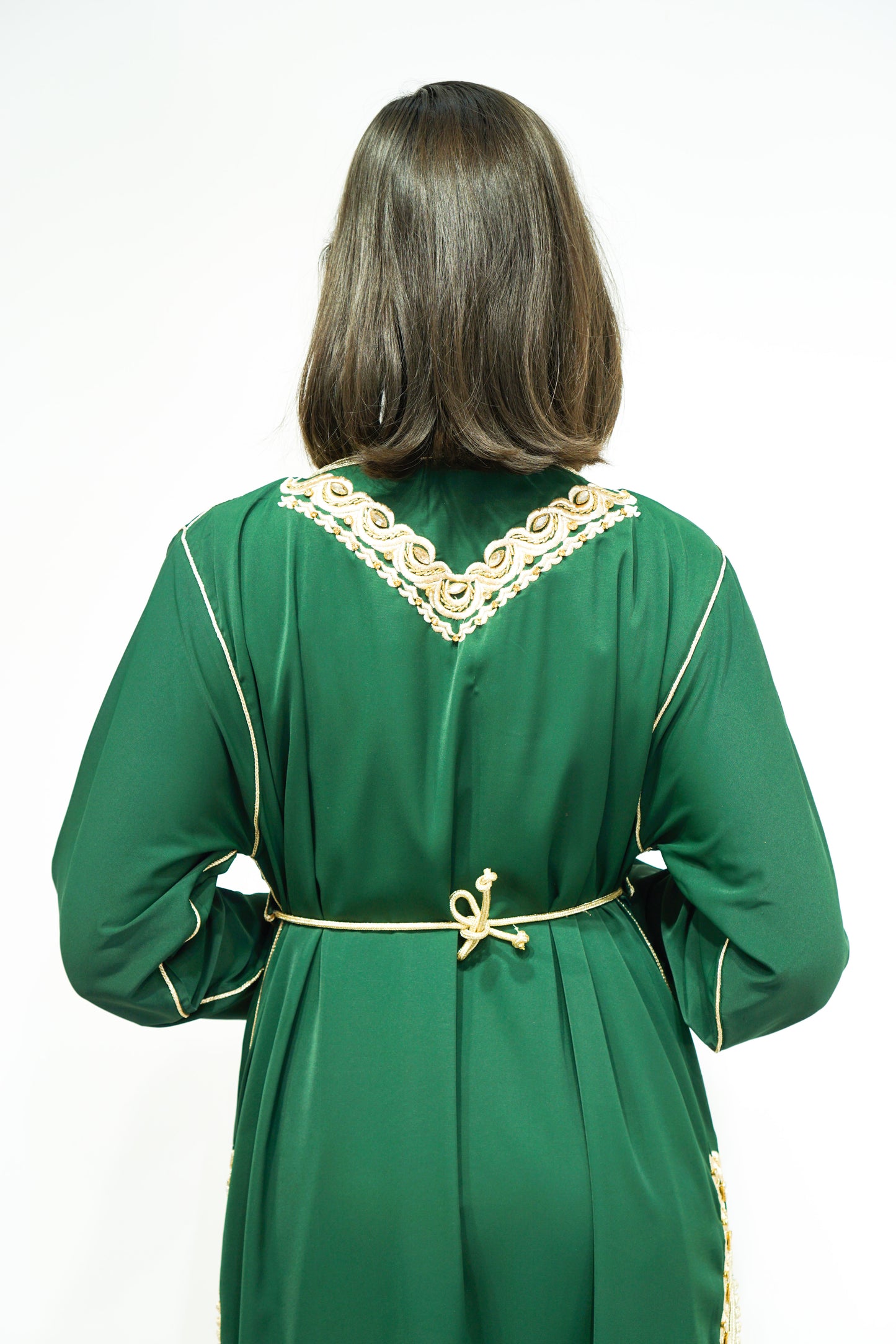 Royal Green Two-Piece Moroccan Kaftan with Golden Embellishments