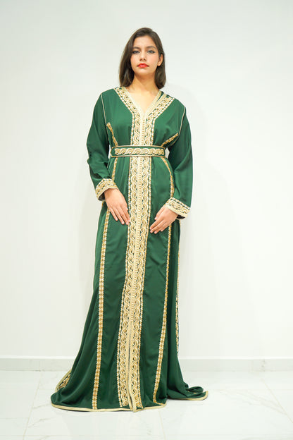 Royal Green Two-Piece Moroccan Kaftan with Golden Embellishments