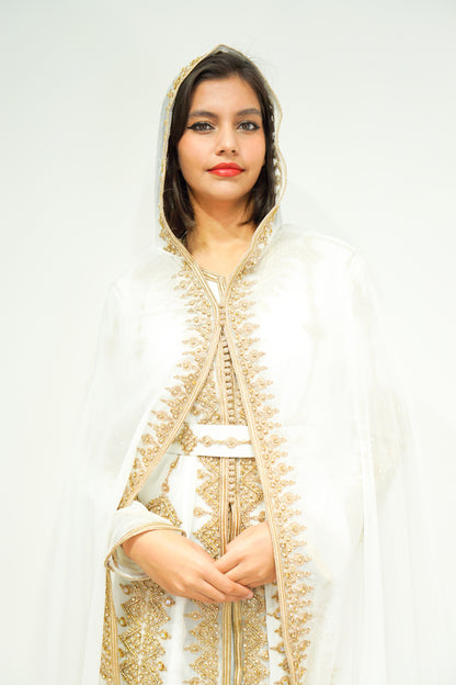 Moroccan Chic 3-Piece White & Gold Kaftan with Hoodie and Exquisite Stone Work