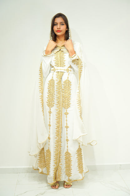 Moroccan Chic 3-Piece White & Gold Kaftan with Hoodie and Exquisite Stone Work