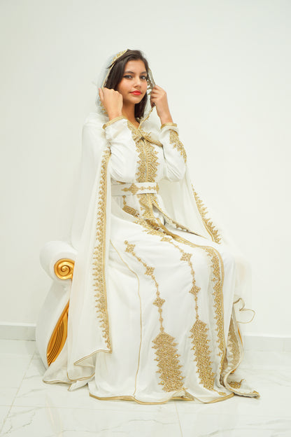 Moroccan Chic 3-Piece White & Gold Kaftan with Hoodie and Exquisite Stone Work