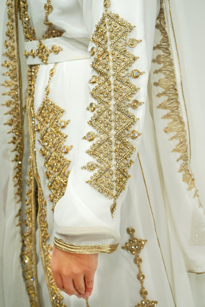 Moroccan Chic 3-Piece White & Gold Kaftan with Hoodie and Exquisite Stone Work