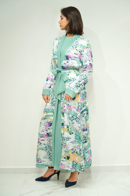 Chic Chiffon Kimono Set 2 Piece with Floral Design and Belt