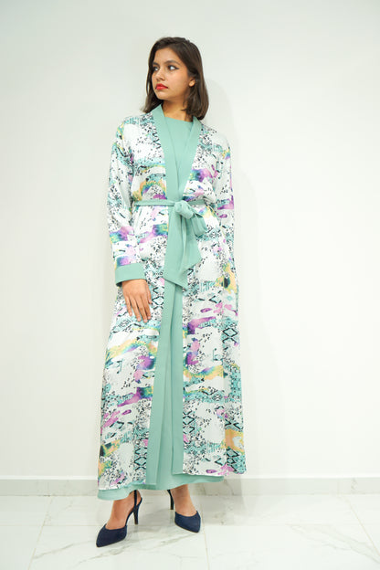 Chic Chiffon Kimono Set 2 Piece with Floral Design and Belt