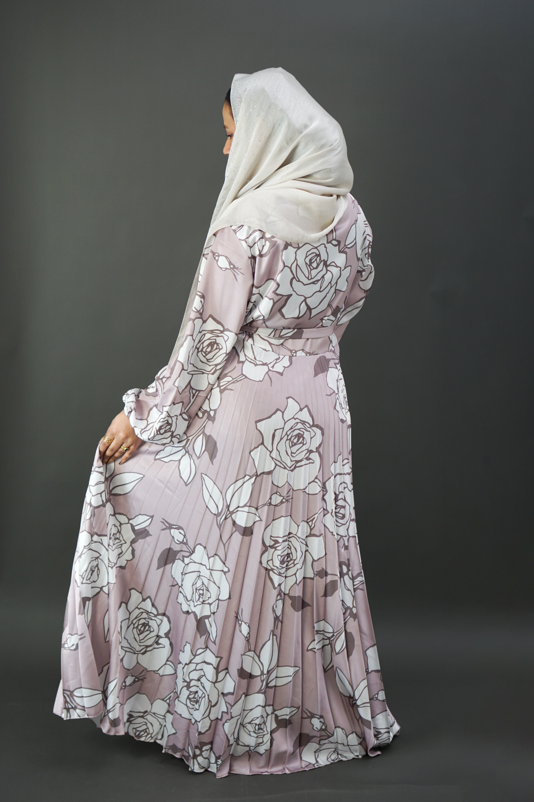 Luxury Satin Floral Pleated Abaya