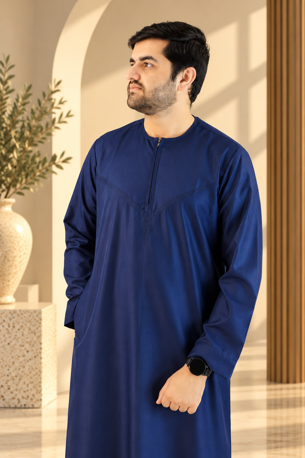 Shiny Blue Emirati Thobe with Zip and Collarless Design