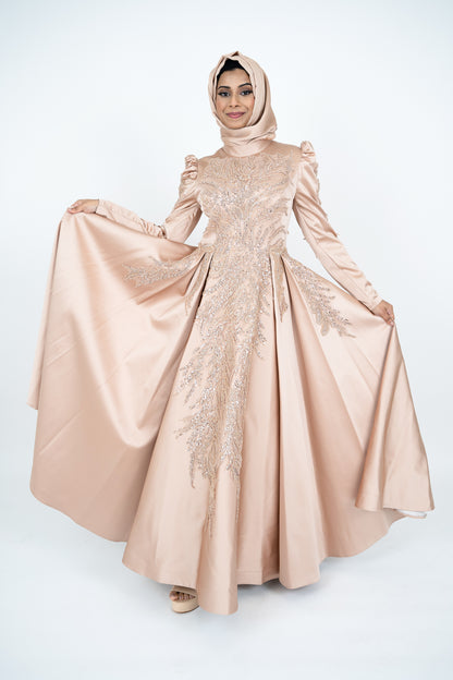 Luxorious Gold Islamic Evening Dresses High Neck Hijab Formal Party Gown Arabic Long Sleeve Islamic Kaftan